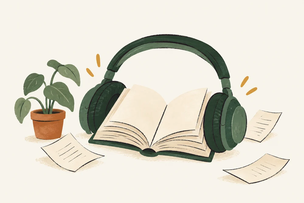 Hand-drawn headphones around an open book, beside a plant